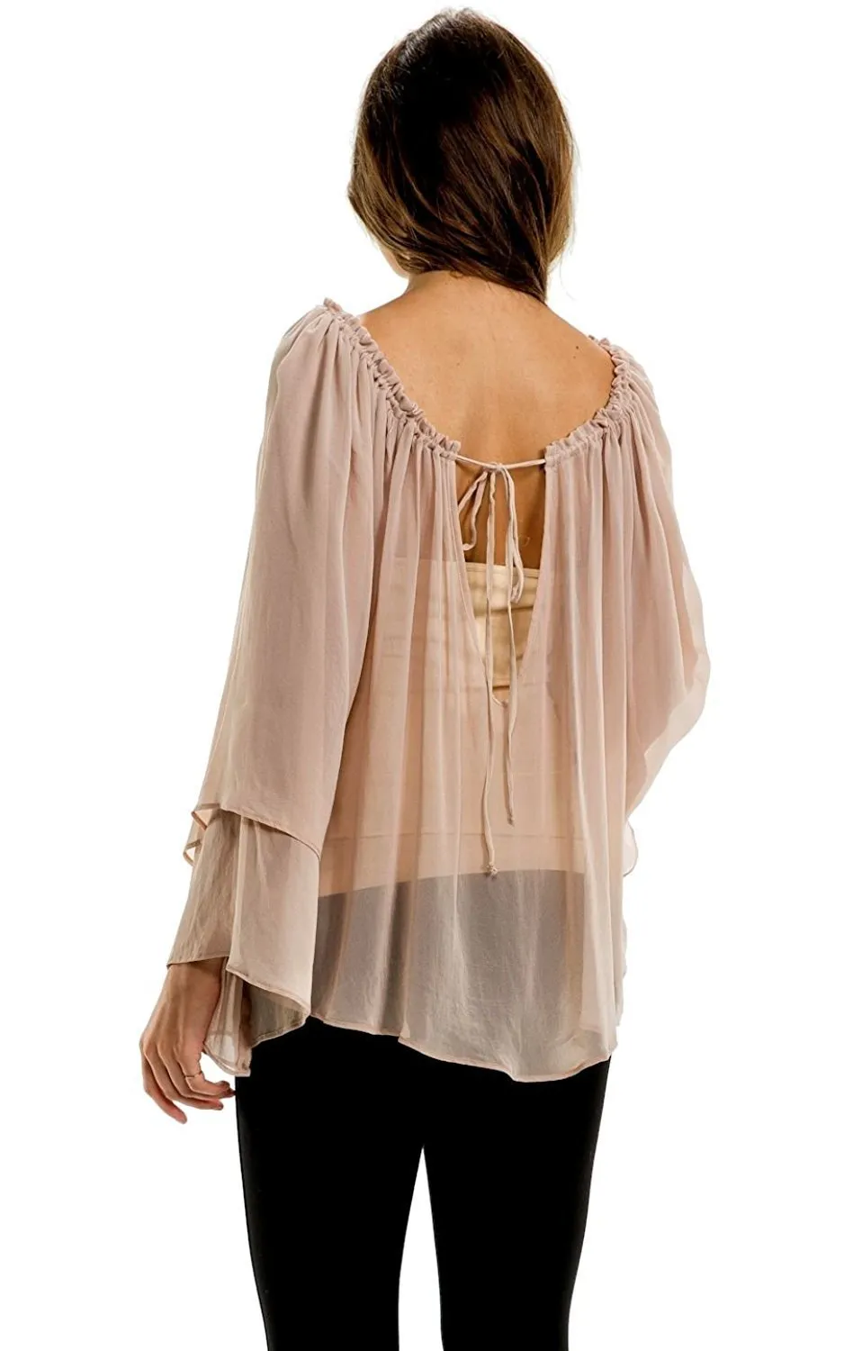 Elan Blouse Chiffon Tunic Top with Adjustable Cut Out Neckline