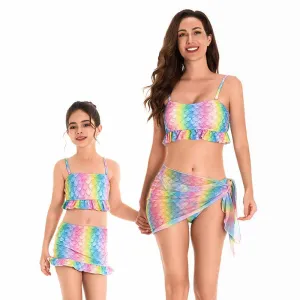 Enchanting Mermaid Scales Two-Piece Swimsuit Set for Mother and Daughter - Rainbow Hues with Flirty Skirt Detail