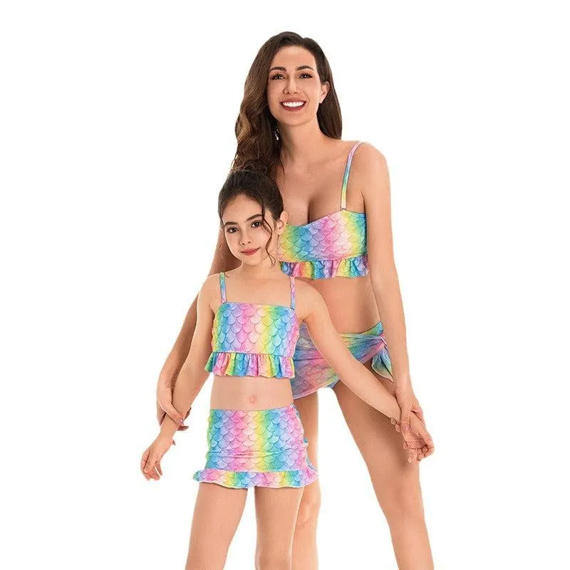 Enchanting Mermaid Scales Two-Piece Swimsuit Set for Mother and Daughter - Rainbow Hues with Flirty Skirt Detail