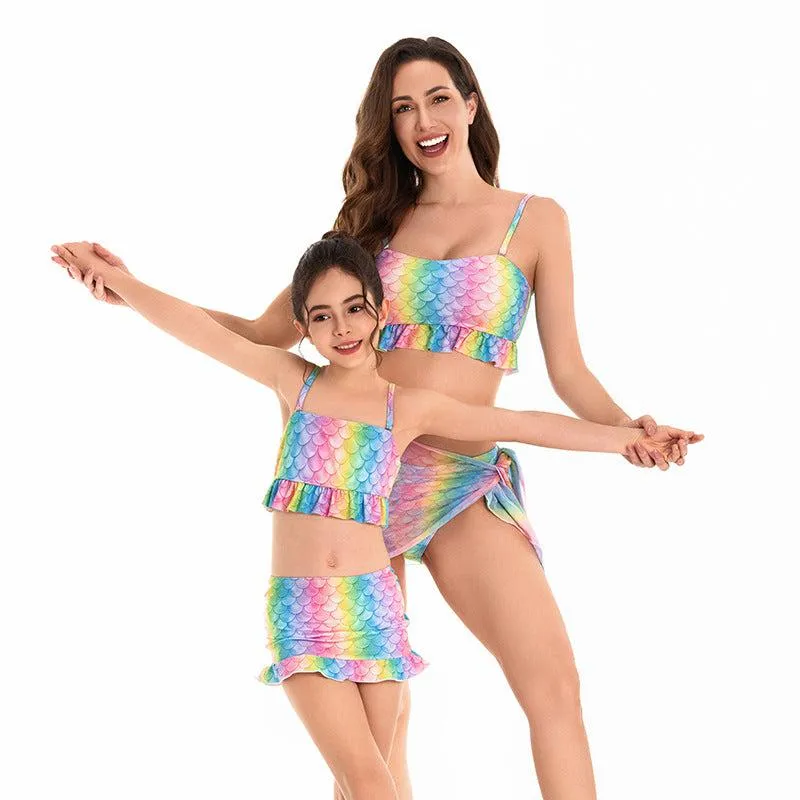Enchanting Mermaid Scales Two-Piece Swimsuit Set for Mother and Daughter - Rainbow Hues with Flirty Skirt Detail