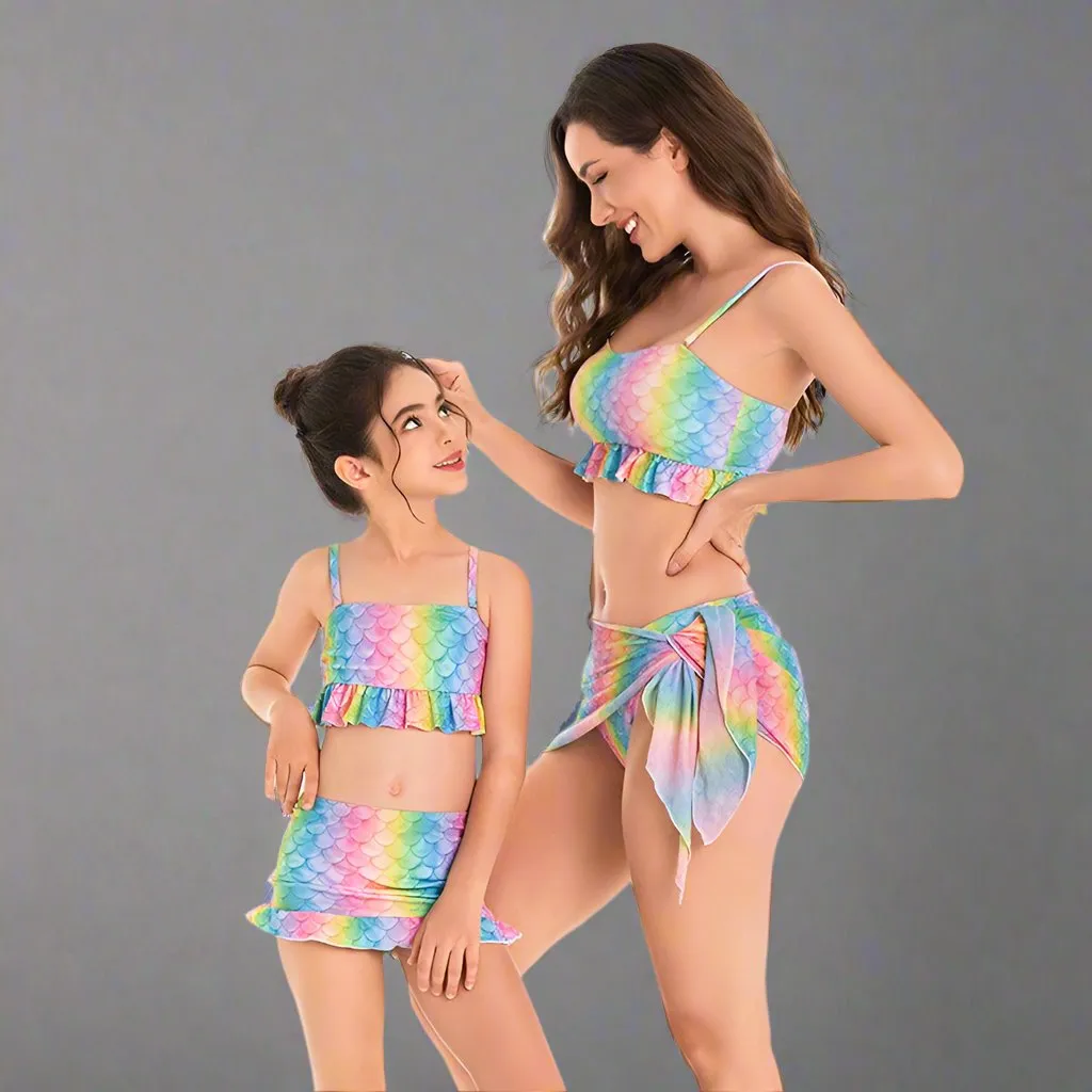 Enchanting Mermaid Scales Two-Piece Swimsuit Set for Mother and Daughter - Rainbow Hues with Flirty Skirt Detail