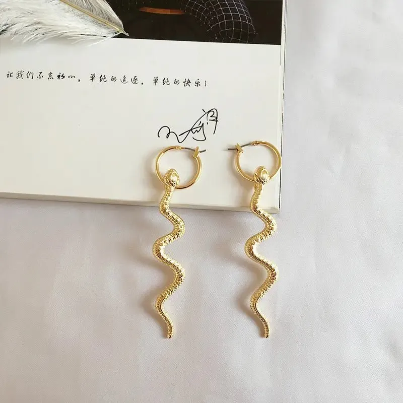 Exaggerated Long Snake Earrings with Golden Alloy Finish