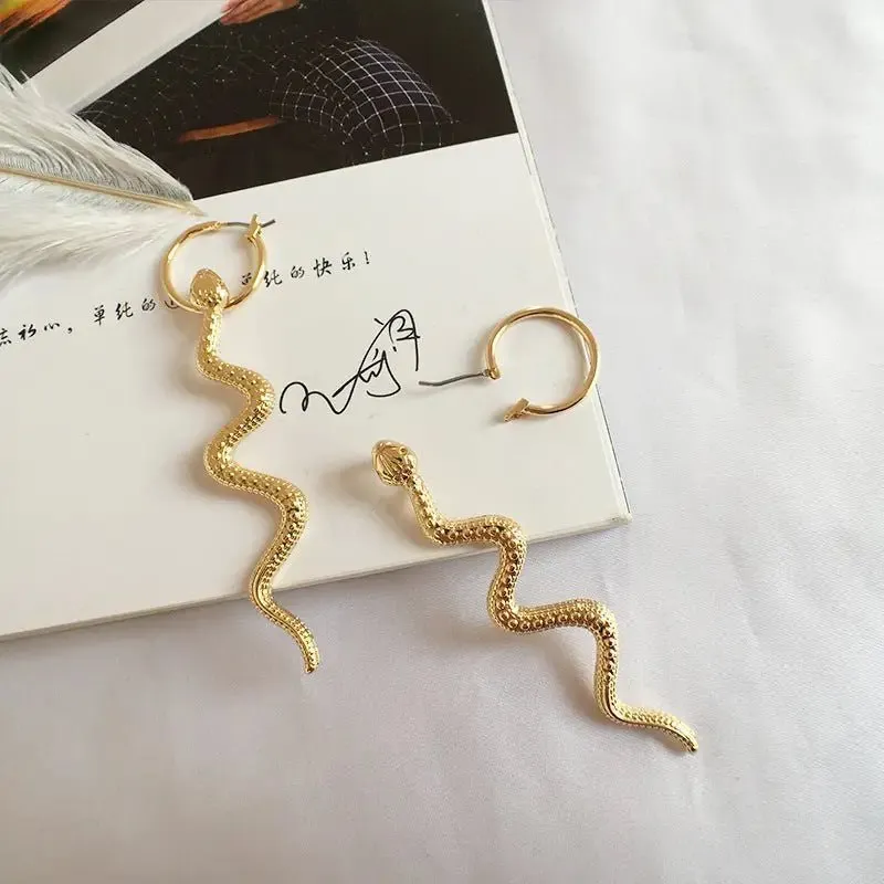 Exaggerated Long Snake Earrings with Golden Alloy Finish