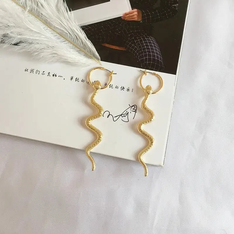 Exaggerated Long Snake Earrings with Golden Alloy Finish