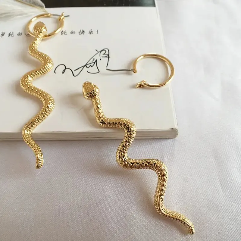 Exaggerated Long Snake Earrings with Golden Alloy Finish
