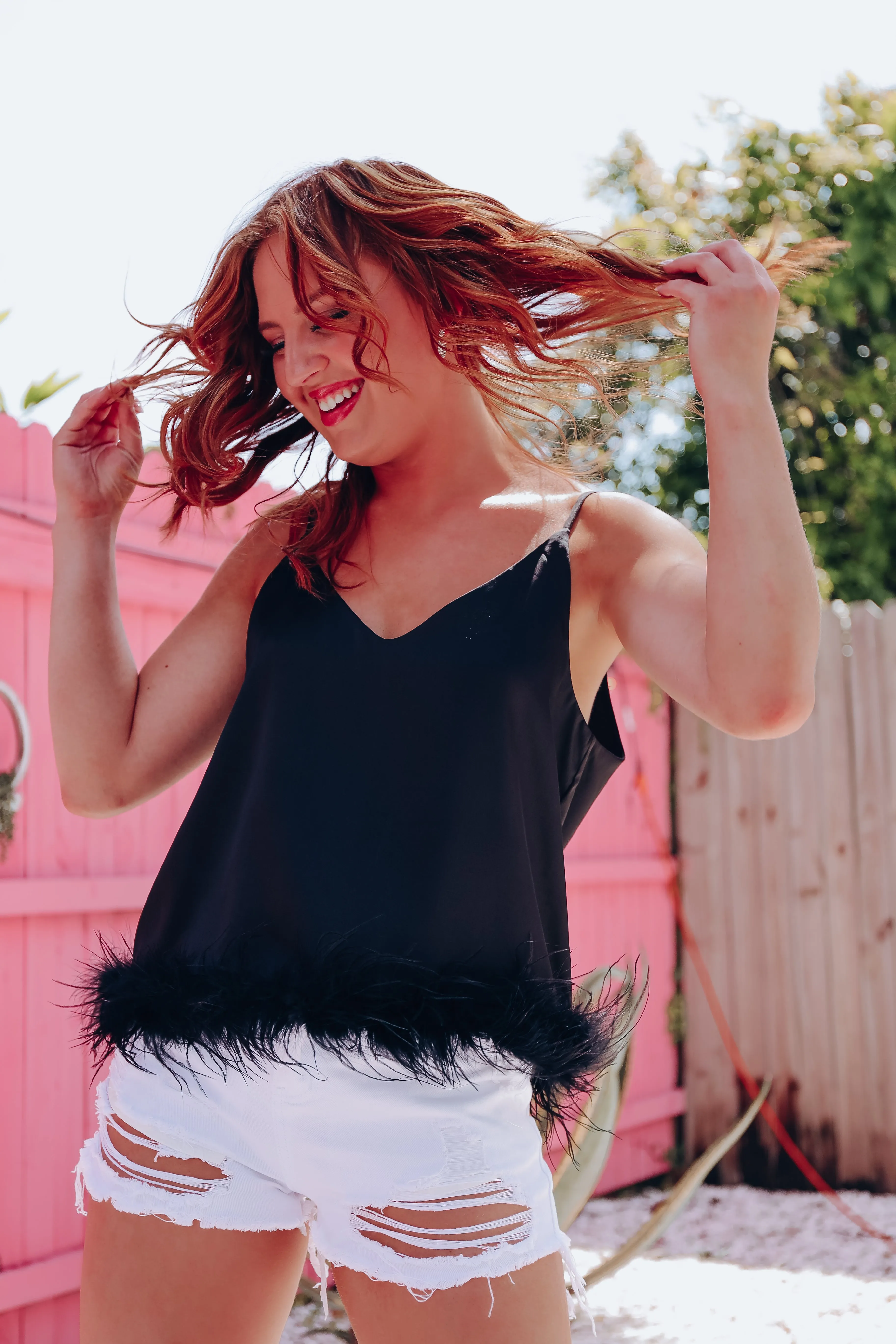 Expensive Taste Feather Trim Cami Top - Black