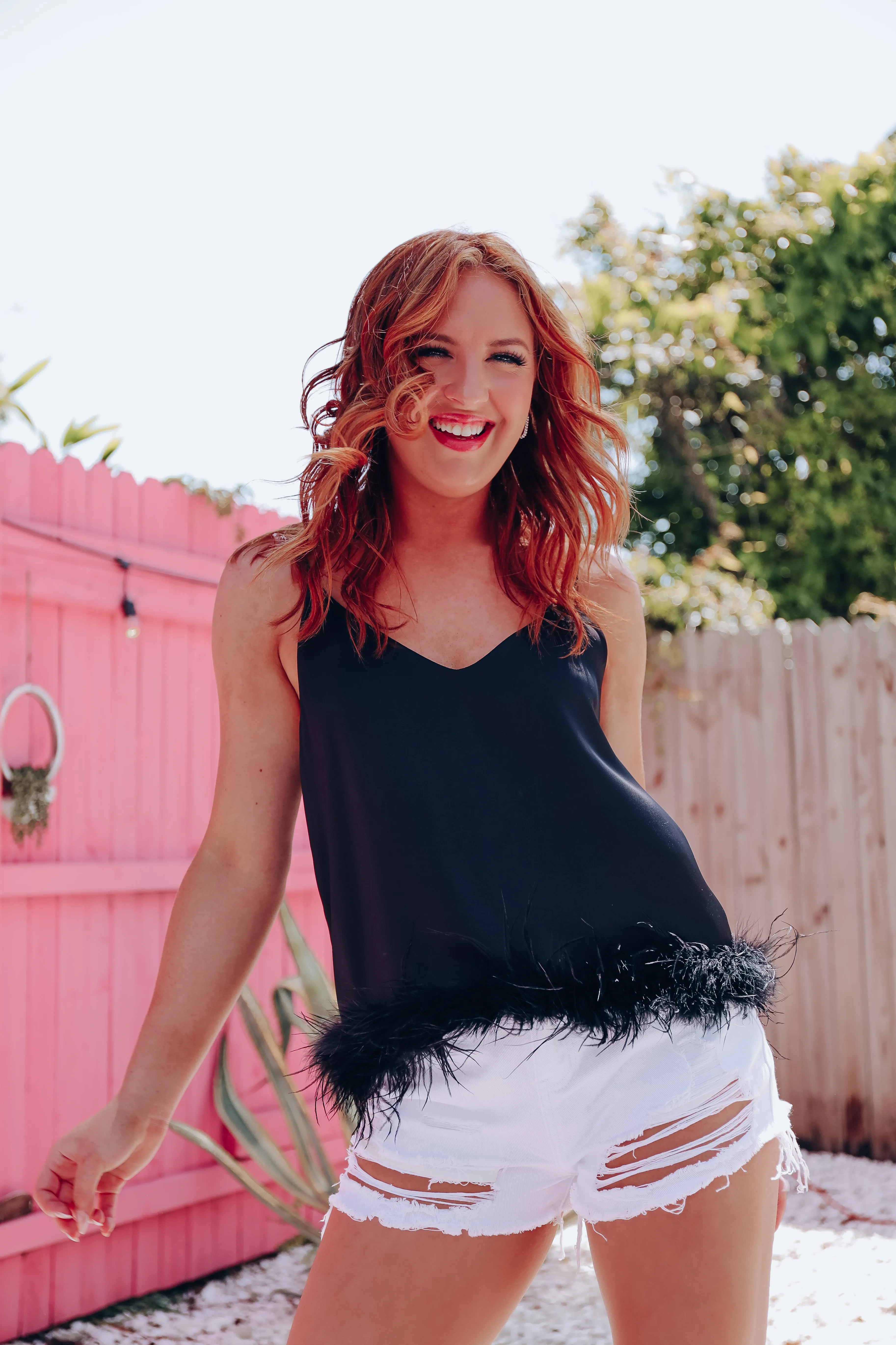 Expensive Taste Feather Trim Cami Top - Black