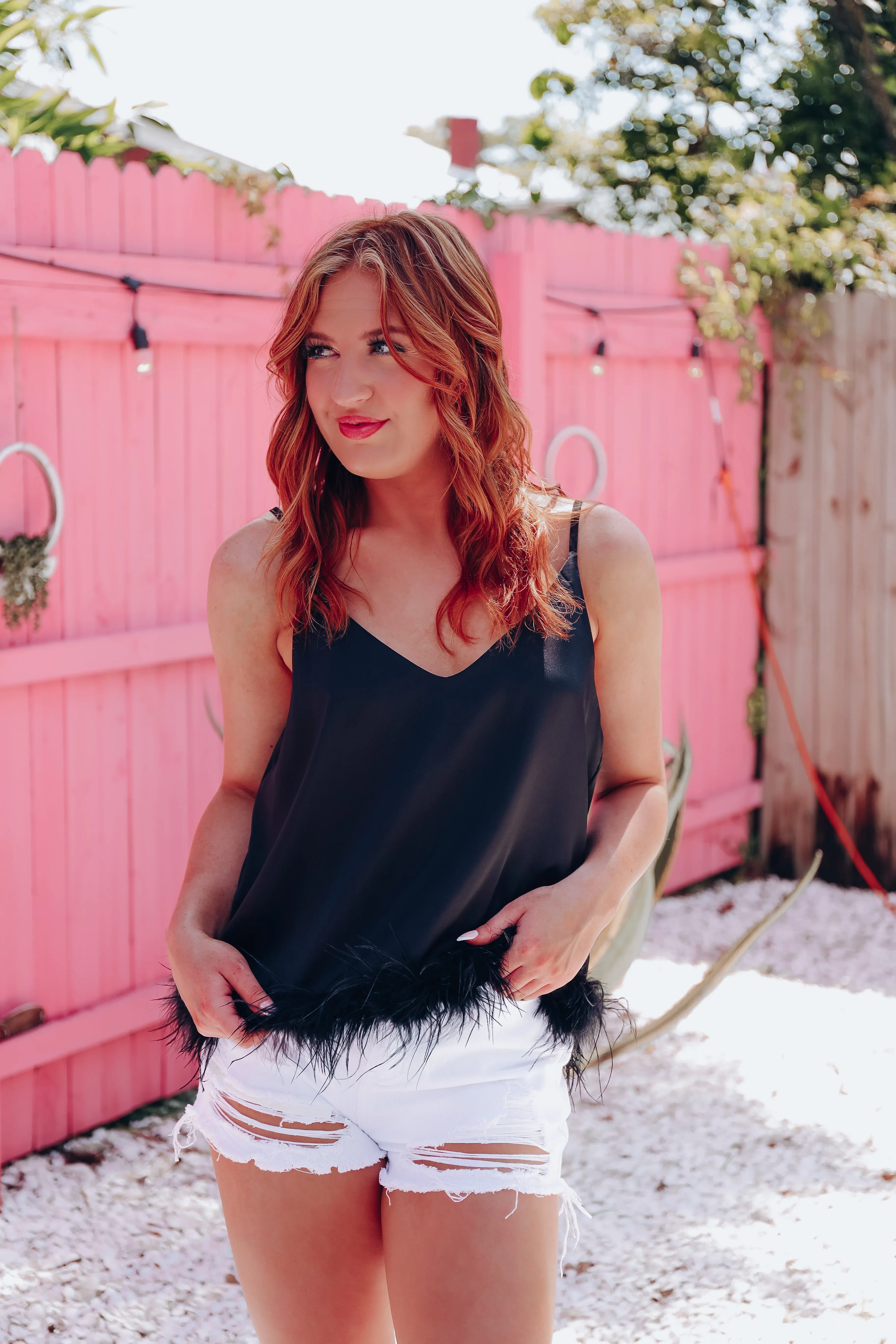 Expensive Taste Feather Trim Cami Top - Black