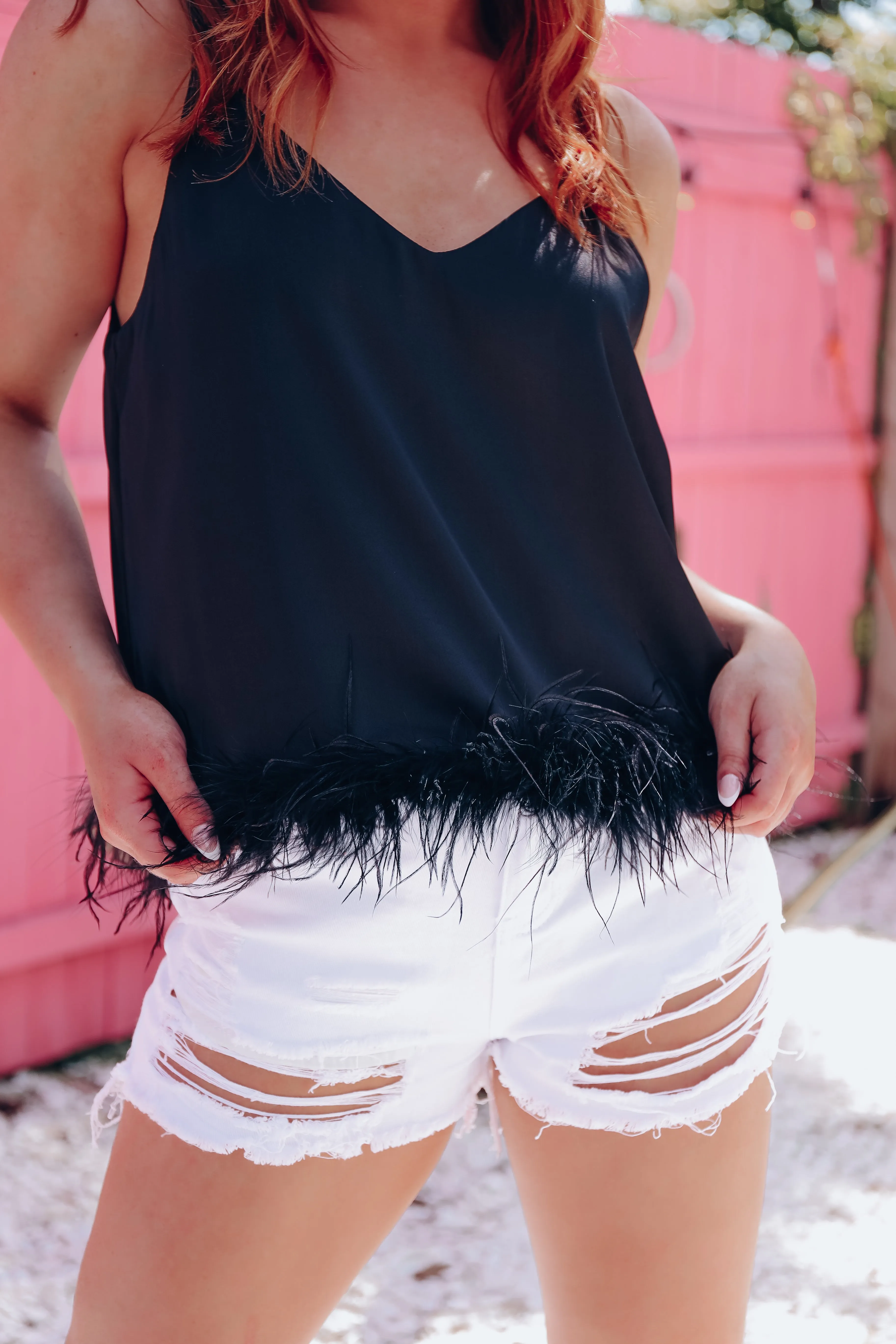 Expensive Taste Feather Trim Cami Top - Black
