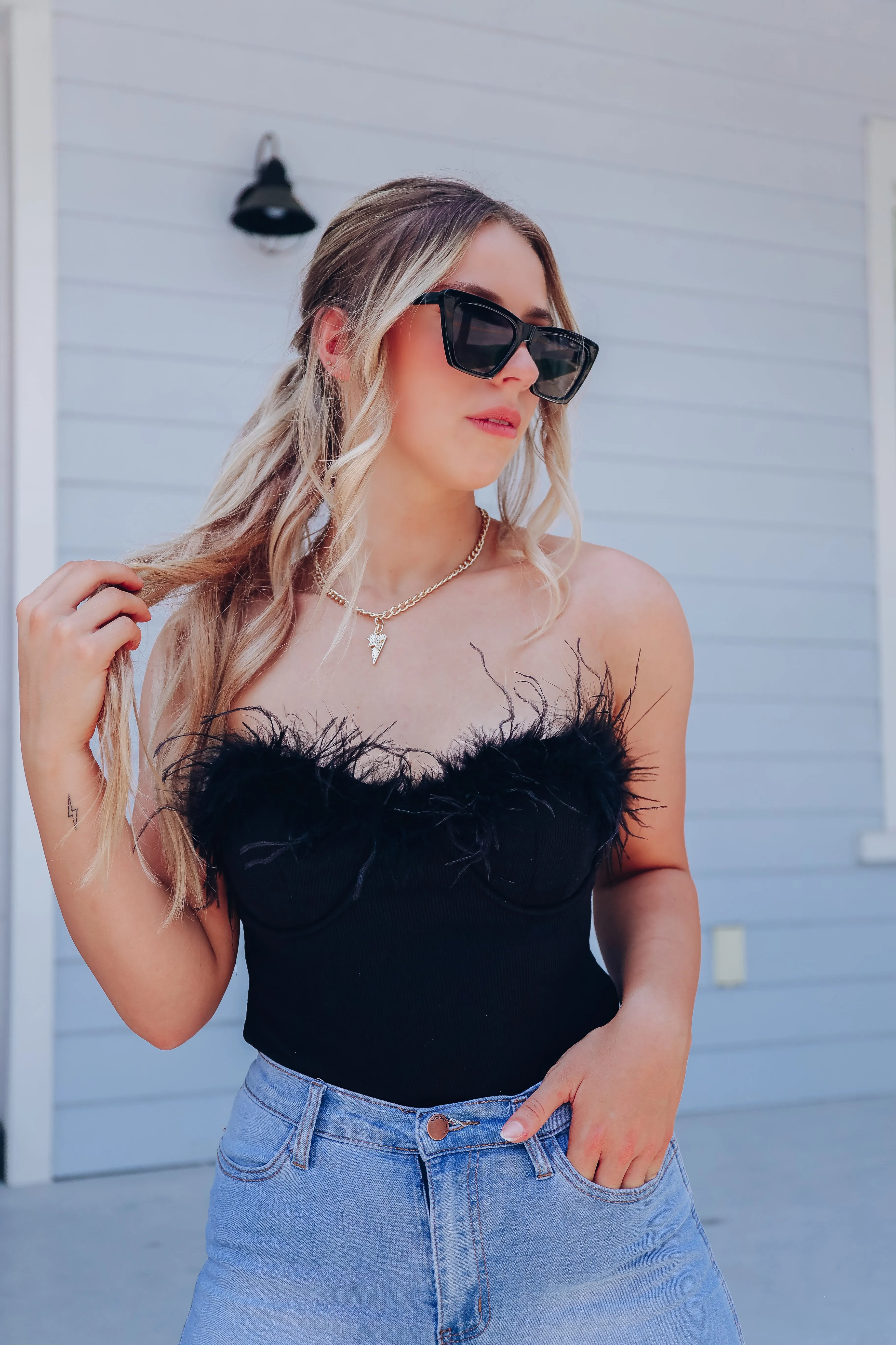 Fabulous Feather Trim Strapless Bodysuit - Black