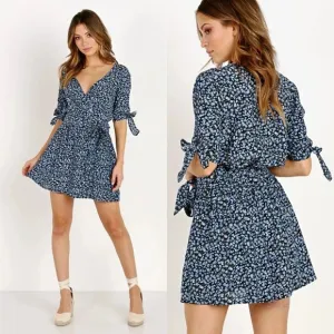 Faithfull the Brand Oslo Ditzy Blossom Village Blue Floral Mini Wrap Dress Us 4