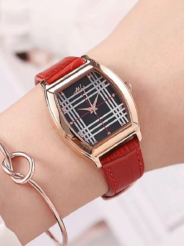 Fashion Barrel-shaped Leather&Steel Strap Women's Watch