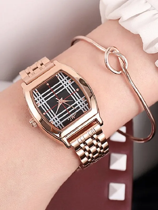 Fashion Barrel-shaped Leather&Steel Strap Women's Watch