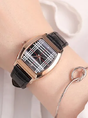 Fashion Barrel-shaped Leather&Steel Strap Women's Watch