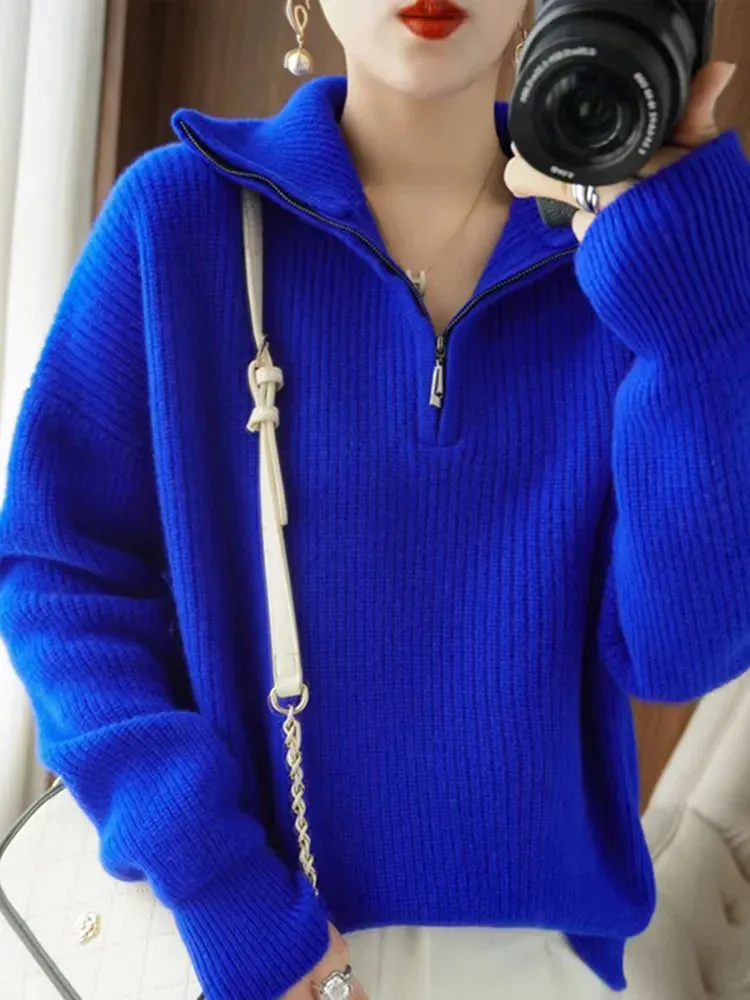 Fashion Women's Sweaters Loose Zipper Design Pullovers Casual Solid Turtleneck Thick Knitted Winter Sweater