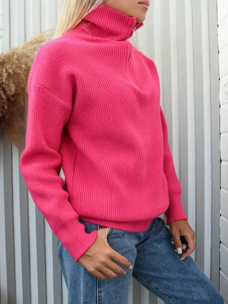 Fashion Women's Sweaters Loose Zipper Design Pullovers Casual Solid Turtleneck Thick Knitted Winter Sweater
