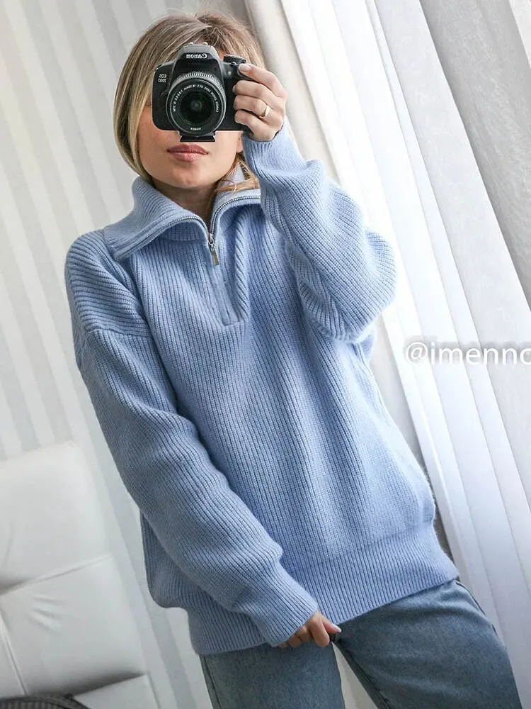 Fashion Women's Sweaters Loose Zipper Design Pullovers Casual Solid Turtleneck Thick Knitted Winter Sweater