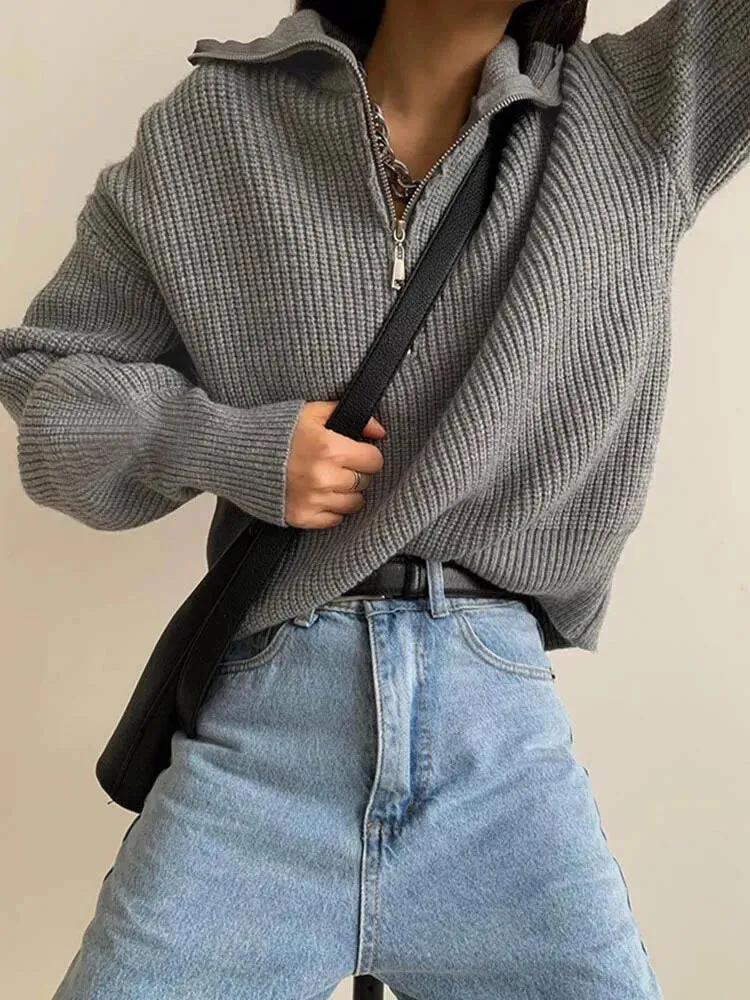 Fashion Women's Sweaters Loose Zipper Design Pullovers Casual Solid Turtleneck Thick Knitted Winter Sweater