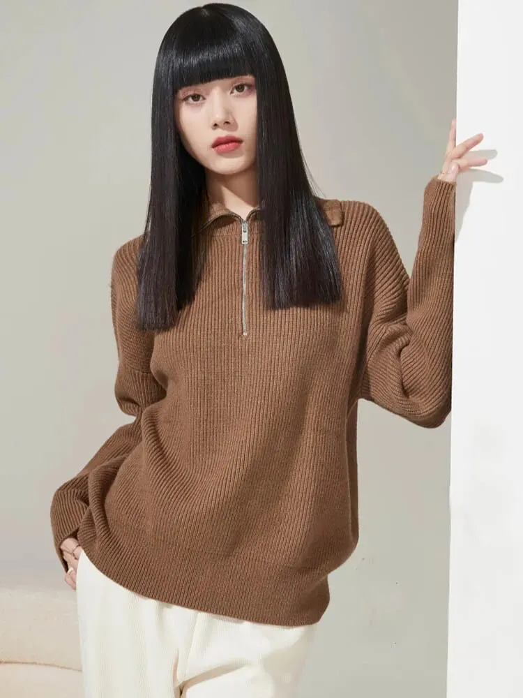 Fashion Women's Sweaters Loose Zipper Design Pullovers Casual Solid Turtleneck Thick Knitted Winter Sweater
