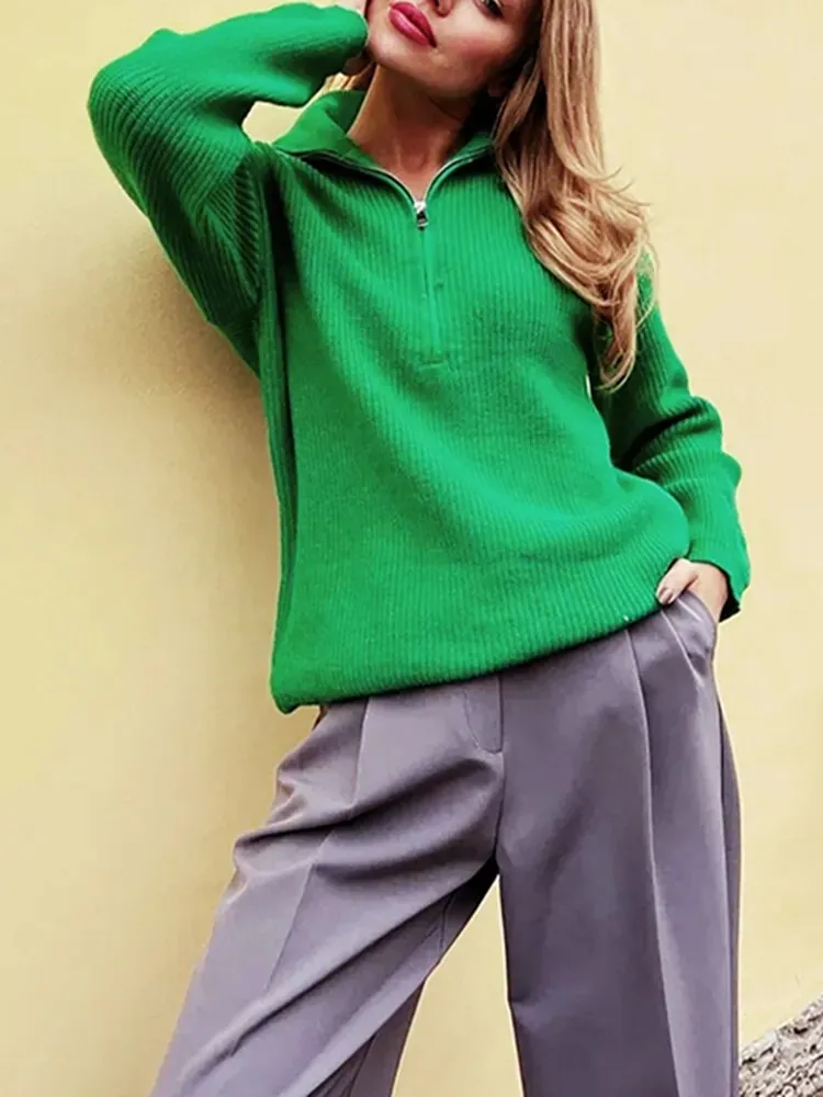 Fashion Women's Sweaters Loose Zipper Design Pullovers Casual Solid Turtleneck Thick Knitted Winter Sweater