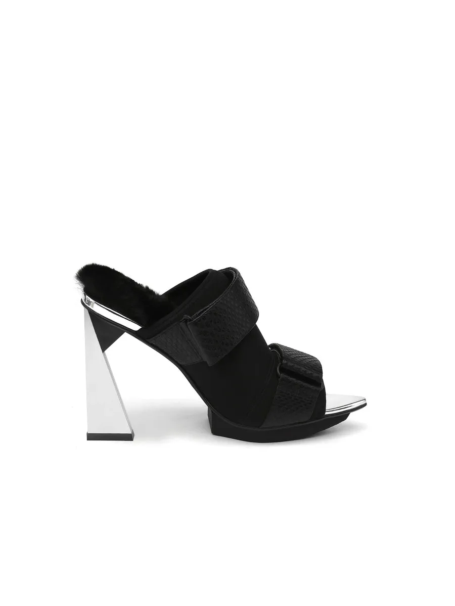 Faux Fur Back Heel Peep-Toe Sandal - Black