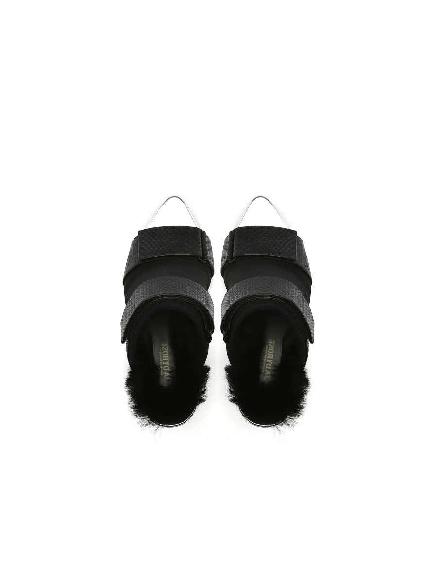 Faux Fur Back Heel Peep-Toe Sandal - Black
