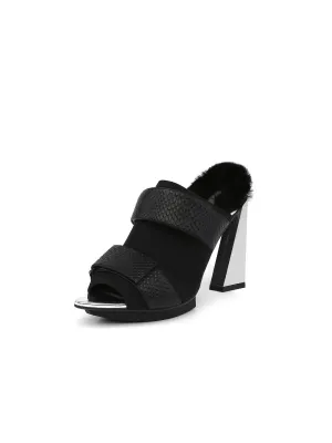Faux Fur Back Heel Peep-Toe Sandal - Black