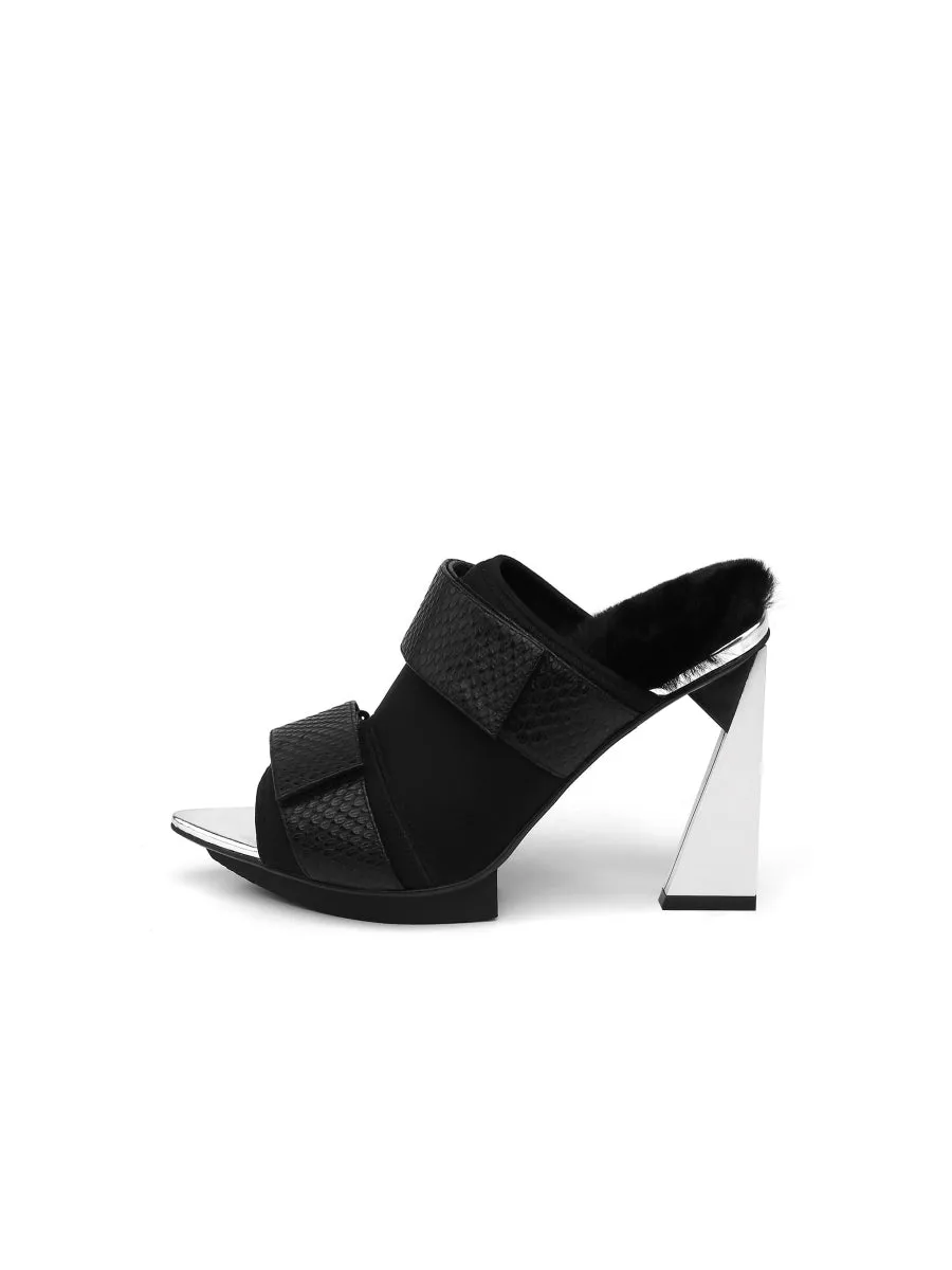 Faux Fur Back Heel Peep-Toe Sandal - Black