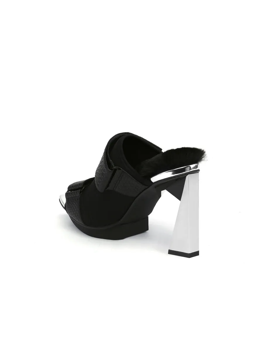 Faux Fur Back Heel Peep-Toe Sandal - Black