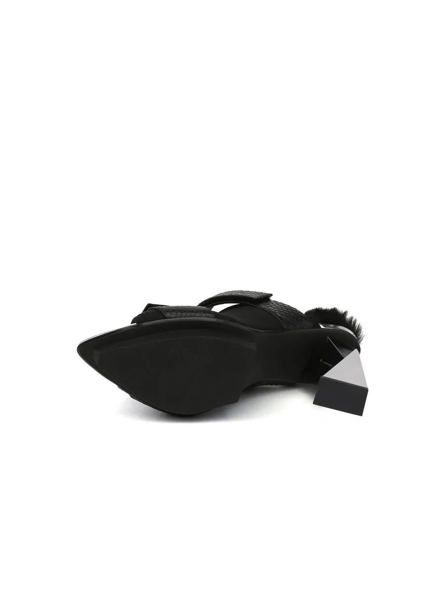 Faux Fur Back Heel Peep-Toe Sandal - Black