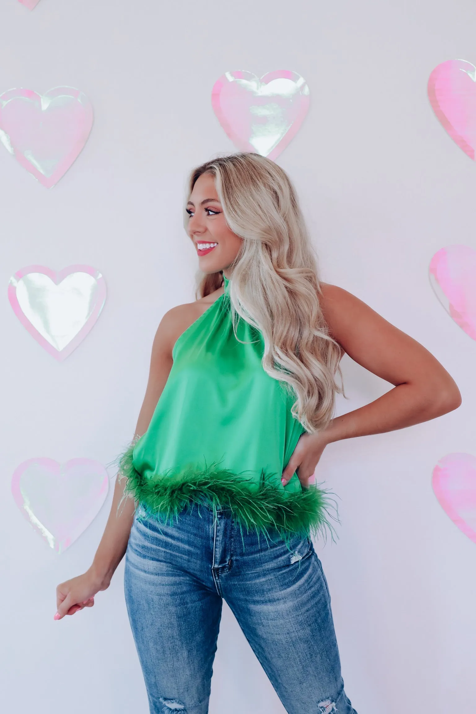 Feathery Frill Mock Neck Top - Green