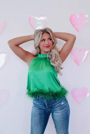Feathery Frill Mock Neck Top - Green