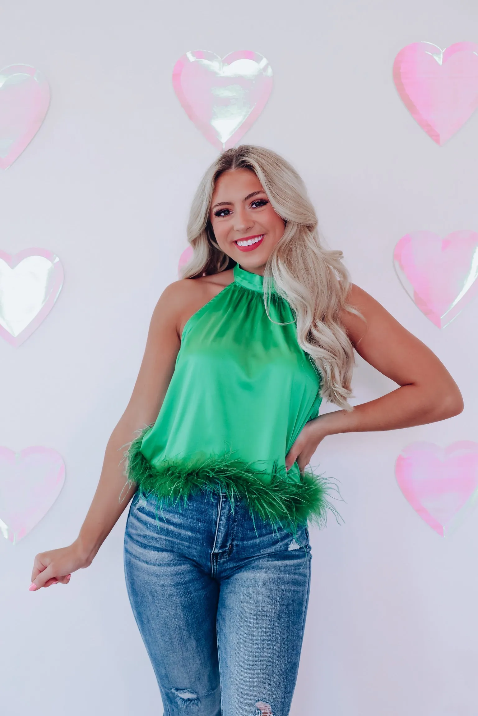 Feathery Frill Mock Neck Top - Green