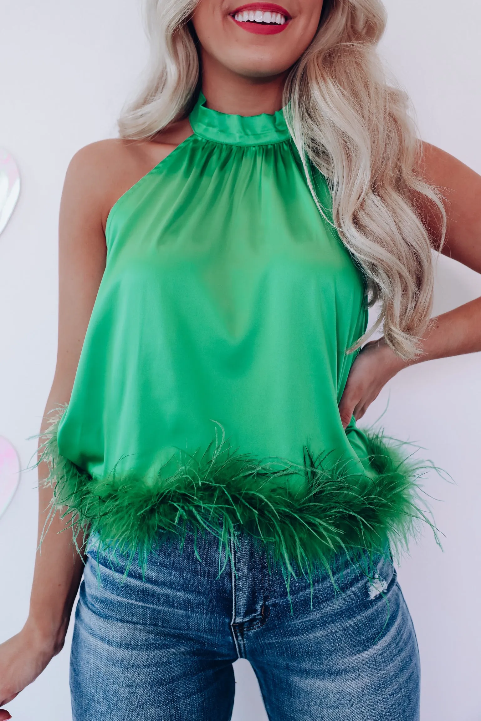 Feathery Frill Mock Neck Top - Green