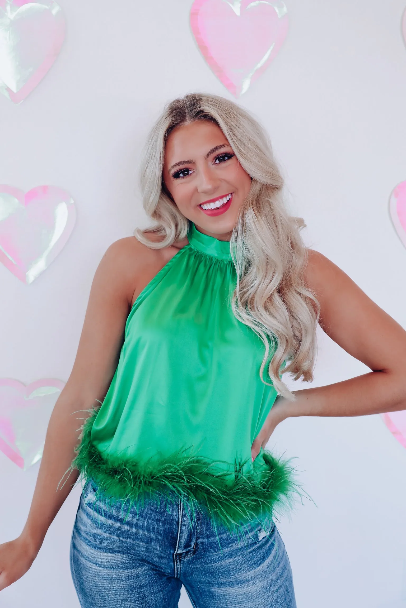 Feathery Frill Mock Neck Top - Green