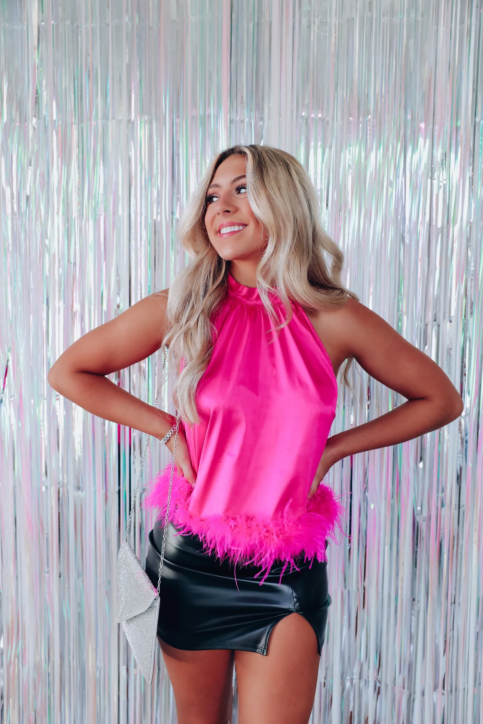 Feathery Frill Mock Neck Top - Pink