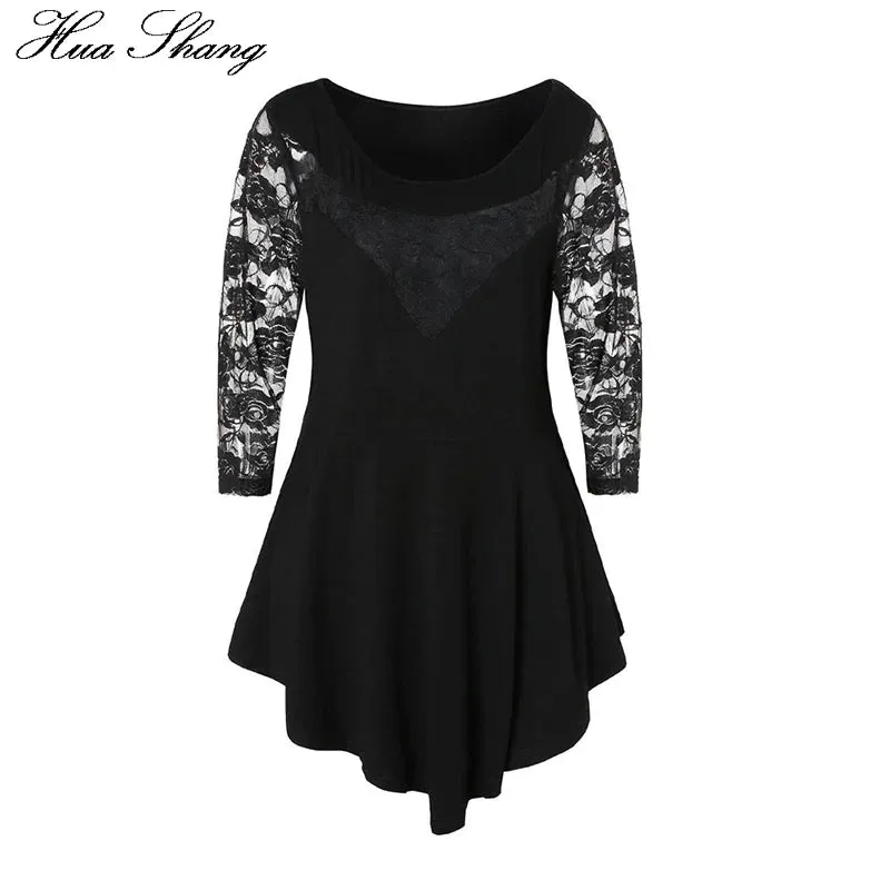 Floral Lace Hollow Out Tunic Blouse for Women Solid Tops with  Ruffles Irregular Hem
