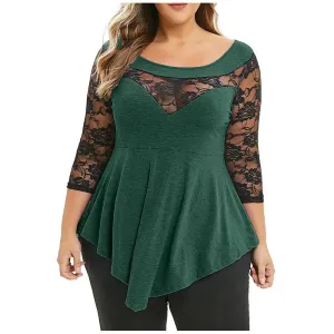 Floral Lace Hollow Out Tunic Blouse for Women Solid Tops with  Ruffles Irregular Hem