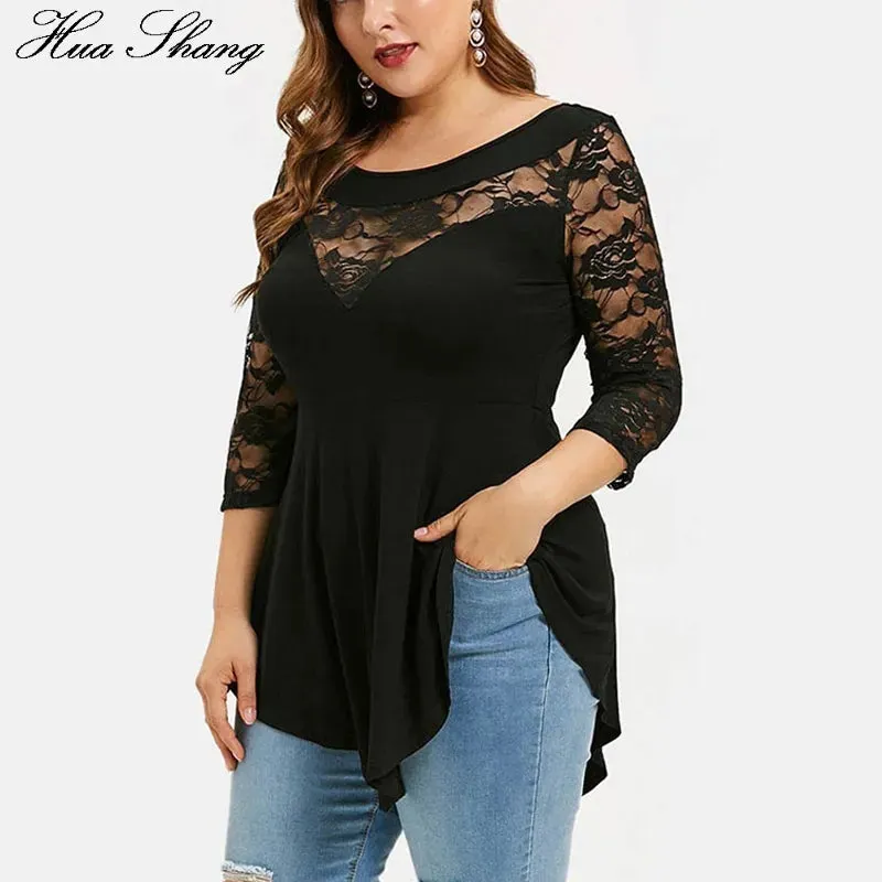 Floral Lace Hollow Out Tunic Blouse for Women Solid Tops with  Ruffles Irregular Hem
