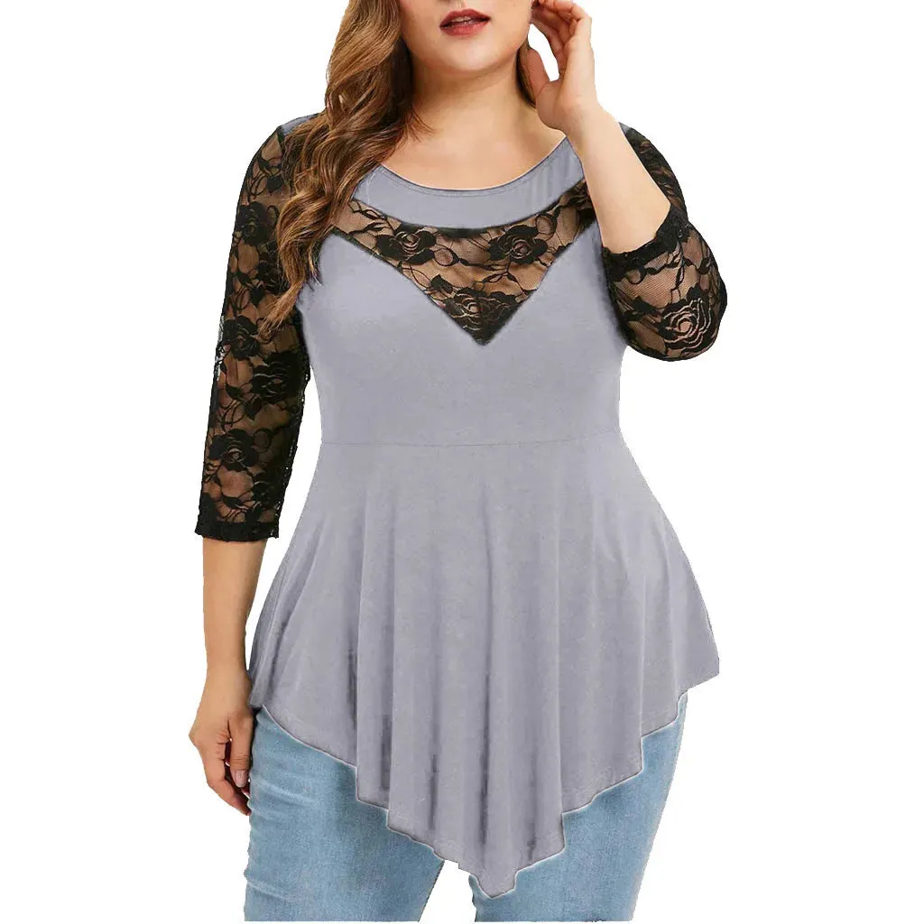 Floral Lace Hollow Out Tunic Blouse for Women Solid Tops with  Ruffles Irregular Hem