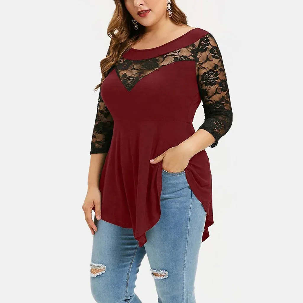 Floral Lace Hollow Out Tunic Blouse for Women Solid Tops with  Ruffles Irregular Hem
