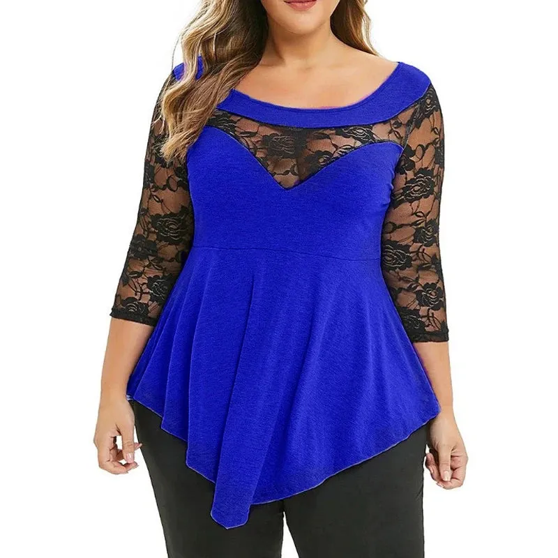 Floral Lace Hollow Out Tunic Blouse for Women Solid Tops with  Ruffles Irregular Hem
