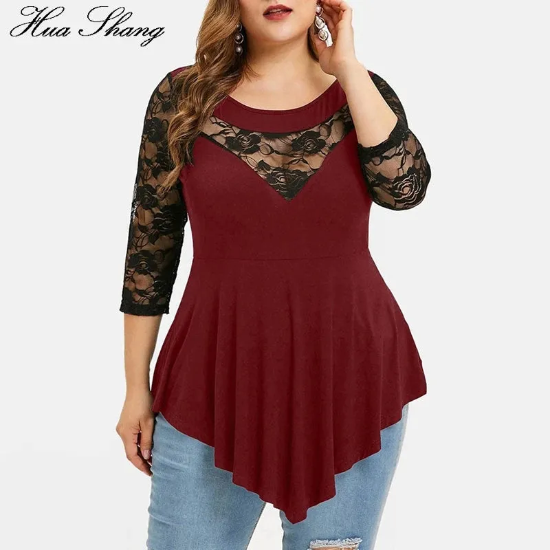 Floral Lace Hollow Out Tunic Blouse for Women Solid Tops with  Ruffles Irregular Hem