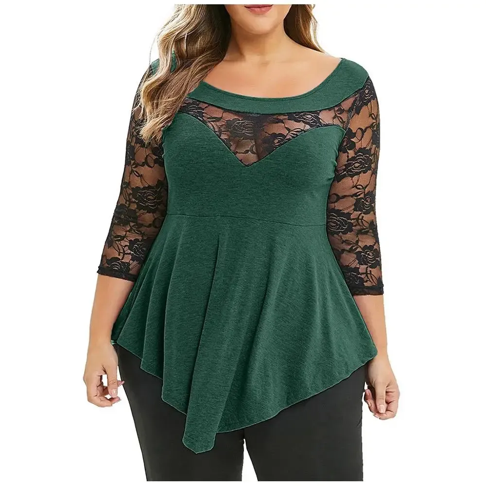Floral Lace Hollow Out Tunic Blouse for Women Solid Tops with  Ruffles Irregular Hem