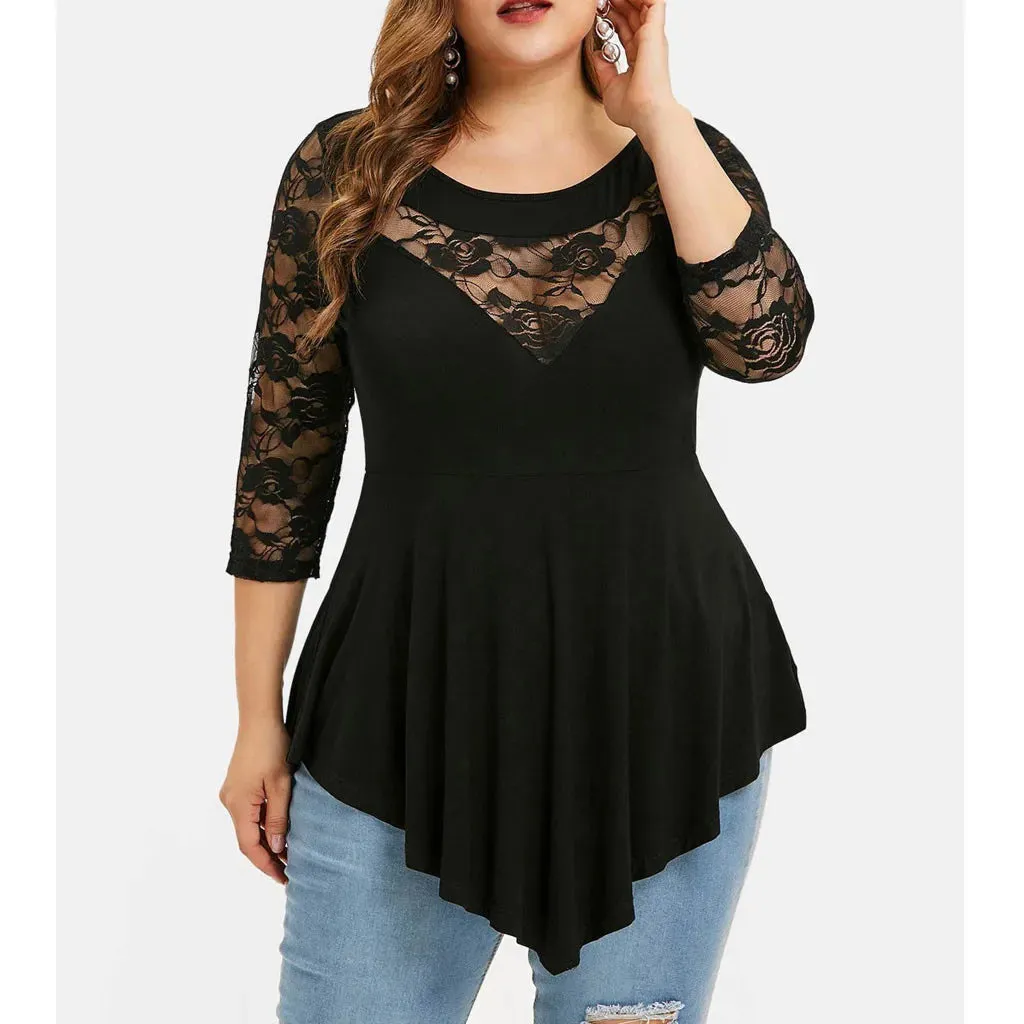 Floral Lace Hollow Out Tunic Blouse for Women Solid Tops with  Ruffles Irregular Hem