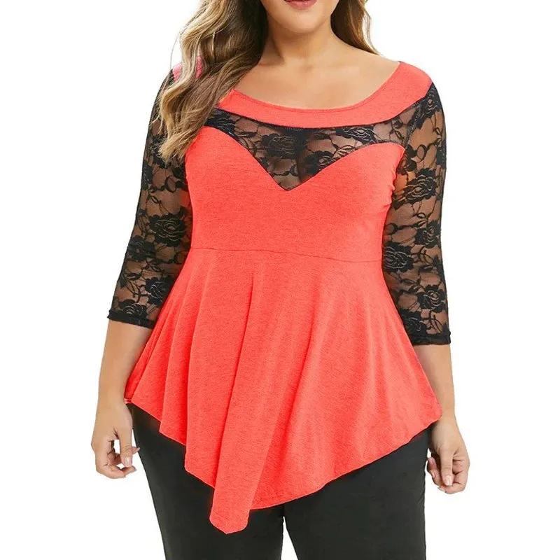 Floral Lace Hollow Out Tunic Blouse for Women Solid Tops with  Ruffles Irregular Hem