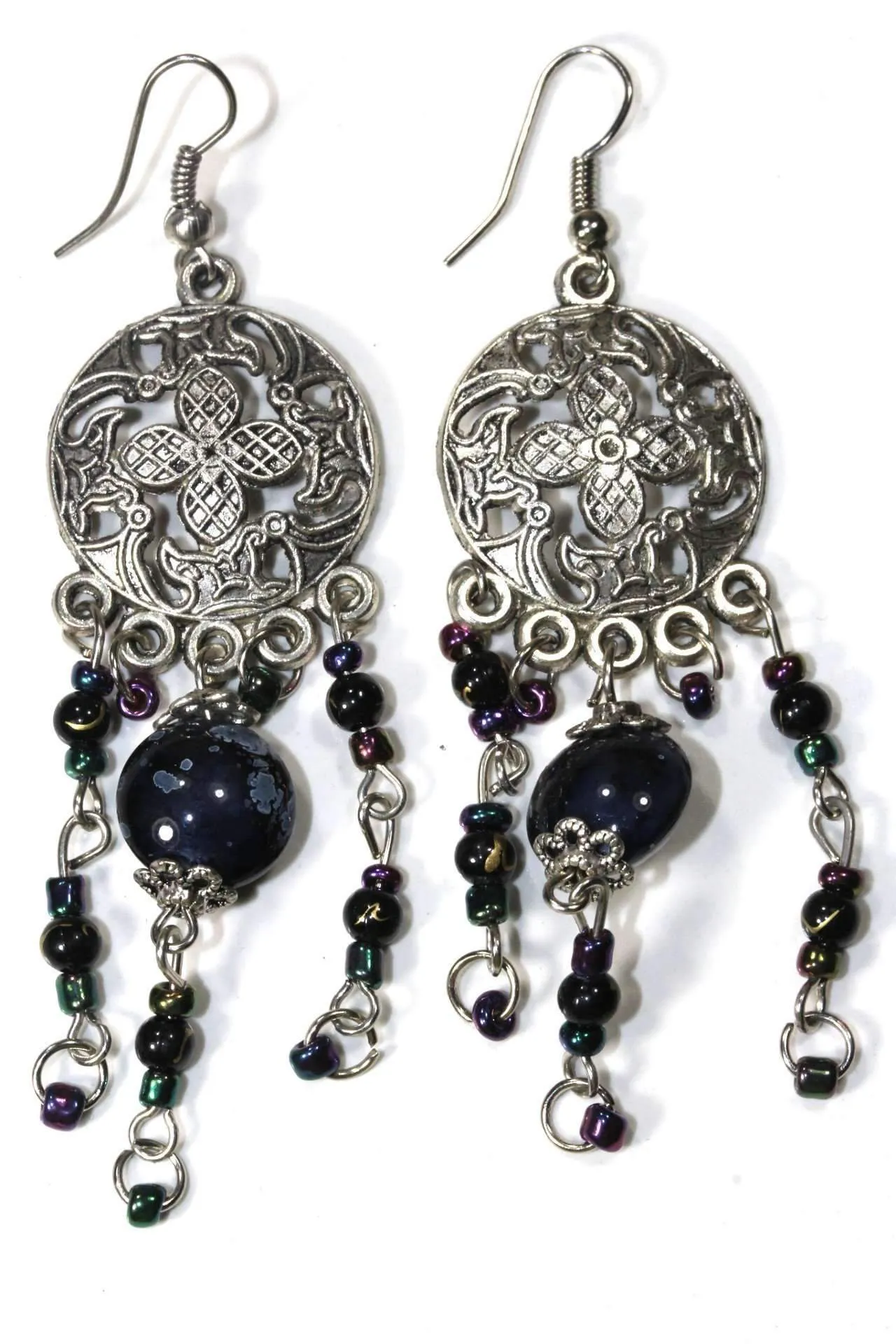 Flower Medallion & Grand Bead Dangler Earrings