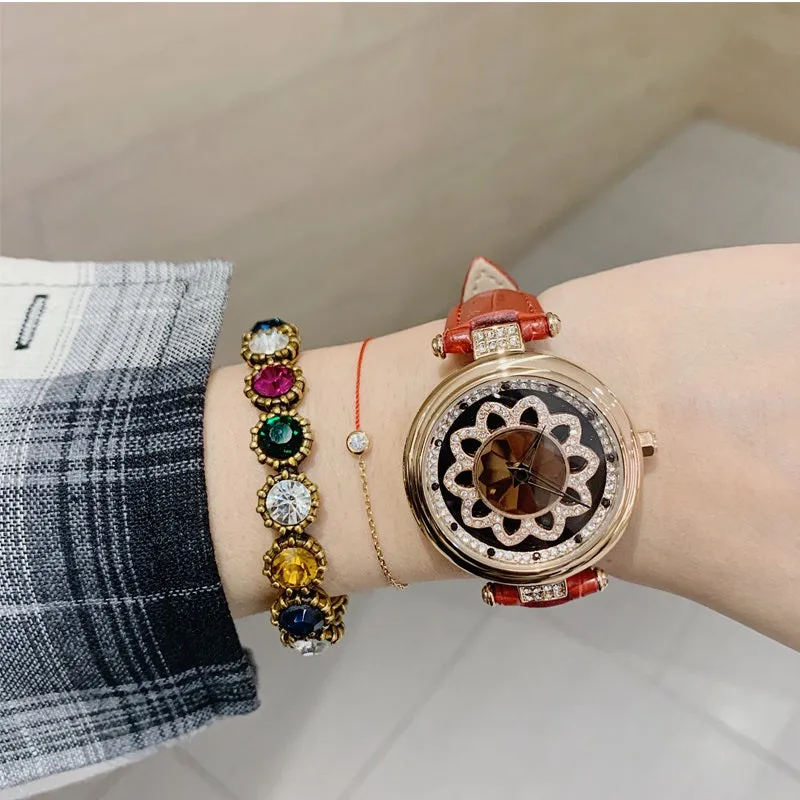 Flower Pattern Rotatable Dial Women's Watch