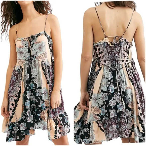 Free People Black Floral Combo Summer Storm Slip Dress Women's size Medium