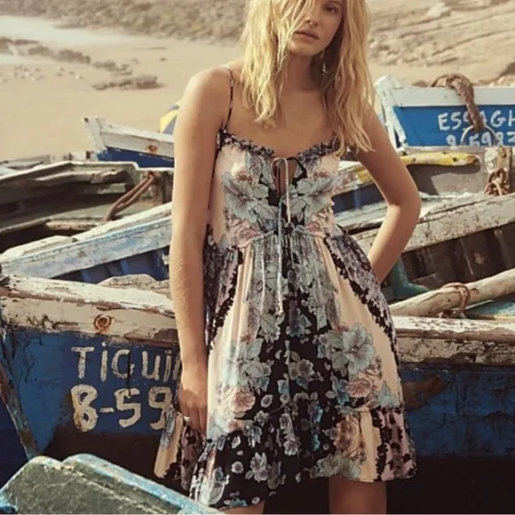 Free People Black Floral Combo Summer Storm Slip Dress Women's size Medium